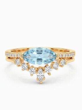 Gold and Aquamarine ring set, 925 Sterling Silver 10k gold